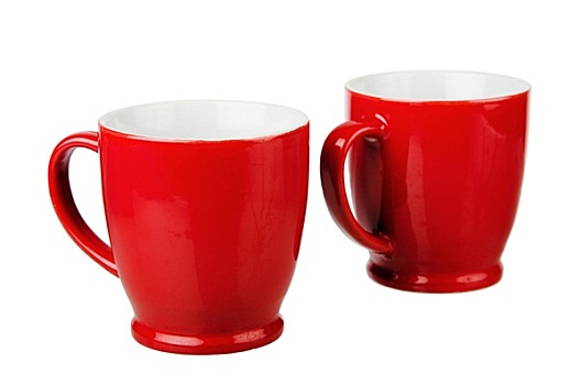两个,红色,陶瓷,大杯,隔绝,白色背景