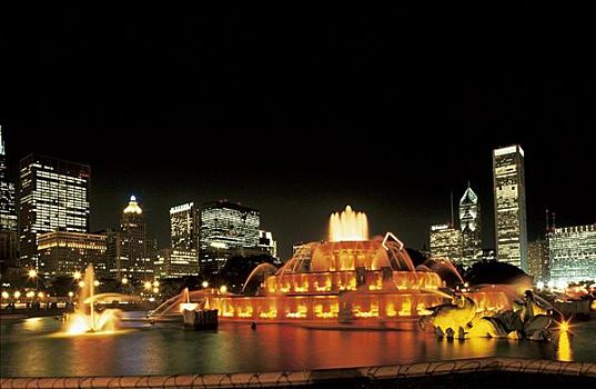 白金汉喷泉,天际线,芝加哥,伊利诺斯,美国,北美