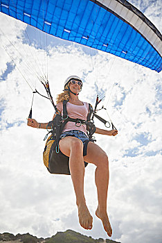 微笑,女性,滑翔伞,半空