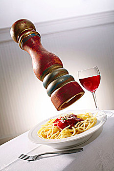 意大利面,西红柿,酱,胡椒,红色,葡萄酒