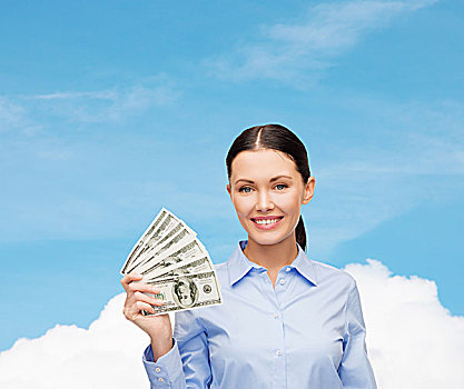 商务,钱,概念,年轻,职业女性,美元,上方,蓝天,白云,背景