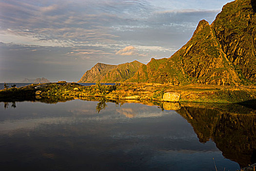 湖,靠近,岛屿,西部,罗弗敦群岛,挪威,斯堪的纳维亚,欧洲