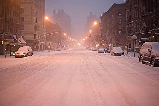 汽车,停放,雪,城市街道
