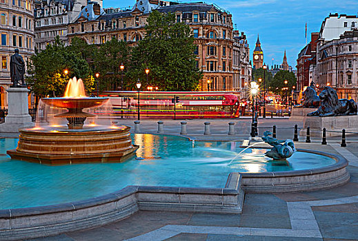 伦敦,特拉法尔加广场,喷泉,日落,英格兰