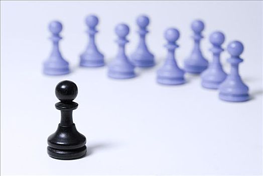 下棋,一个,黑色,棋子,站立,正面,蓝色,象征,交际,排斥,对抗