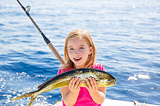 金发,儿童,女孩,钓鱼,鱼,高兴,抓住,甲板
