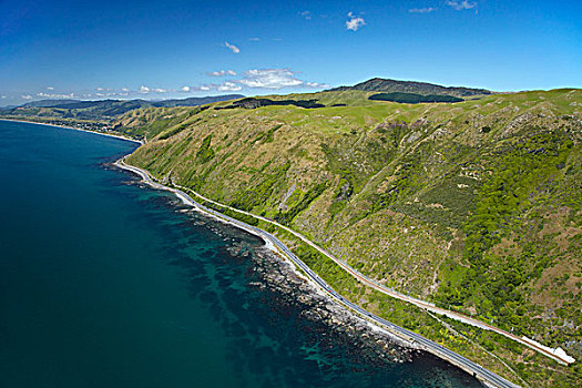 公路,一个,北岛,铁路,湾,惠灵顿,新西兰,航拍