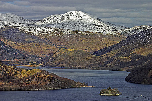 苏格兰,北方,洛蒙德湖,风景,雪冠,山峦,船