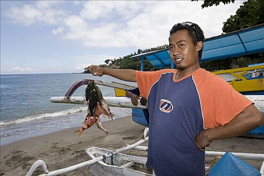 捕鱼者,炫耀,抓住,印度尼西亚,亚洲