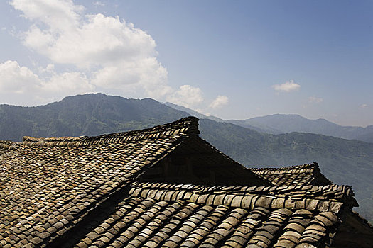 瓦屋顶,乡村,龙胜,中国