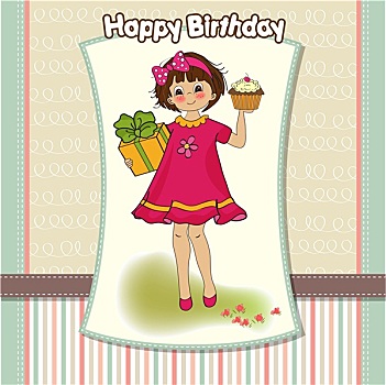 生日,贺卡,女孩,大,杯形蛋糕