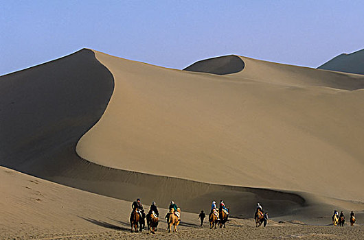中国,甘肃,敦煌,沙丘,游客,骑,巴克特里亚,骆驼