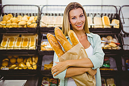 女人,买,面包,糕点,架子,超市