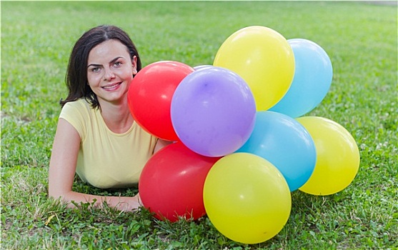 高兴,美女,彩色,气球