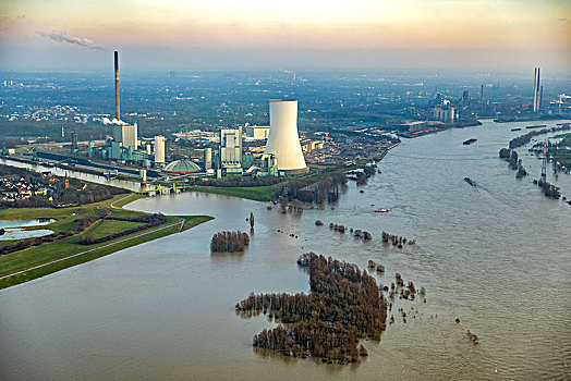 洪水,莱茵河,电厂,靠近,杜伊斯堡,鲁尔区,北莱茵威斯特伐利亚,德国,欧洲