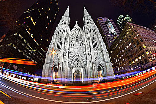 鱼眼镜头,圣帕特里克大教堂,纽约,光影,交通,建筑,光亮,夜晚,城市生活
