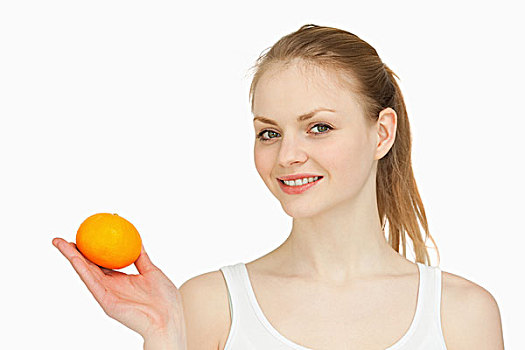 女人,拿着,柑橘,手,白色背景