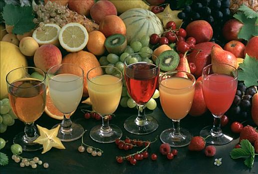 玻璃,果蔬,果汁,排列,正面,多样,水果