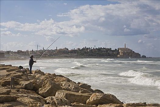 捕鱼者,钓鱼,特拉维夫,海岸线,风景,以色列,中东