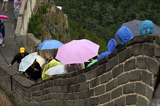 人群,游客,推,向前,中国人,长城,雨天,中国