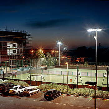 长,展示,泛光灯照明,草皮,球,球场,黃昏,大学,剪影,背景,英国,2006年