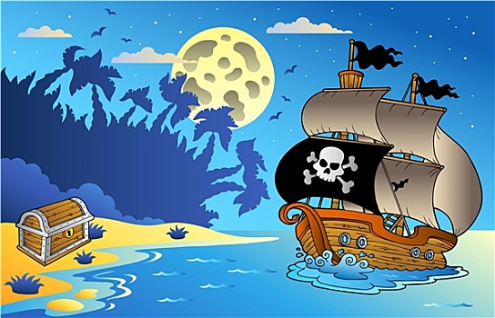 夜晚,海景,海盗船