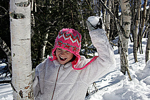 女孩,投掷,雪球,粉色,羊毛帽