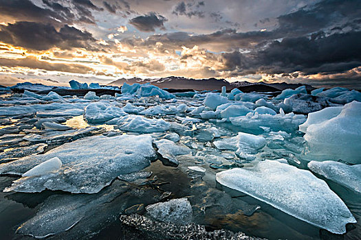 冰山,生动,云,杰古沙龙湖,结冰,泻湖,晚上,太阳,瓦特纳冰川,冰河,东方,冰岛,欧洲