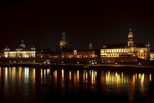 全景,河,大学,视觉艺术,建筑,夜晚,德累斯顿,萨克森,德国,欧洲