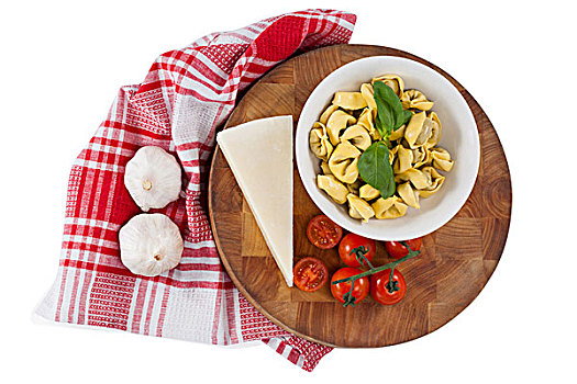 意大利面,奶酪,西红柿,蒜,餐巾,布,特写