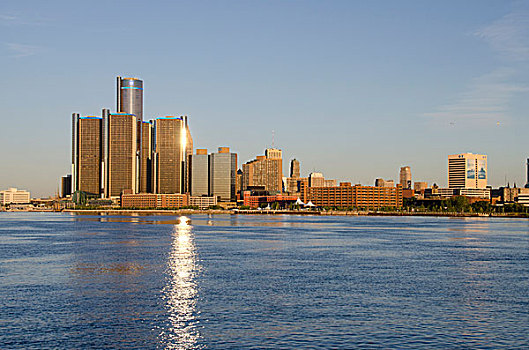 密歇根,底特律,早晨,市区,城市天际线,河