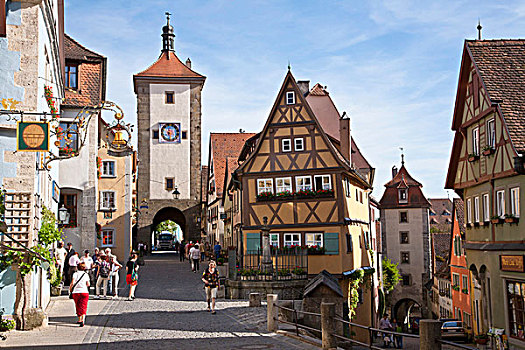房子,赛博斯钟塔,塔,左边,游客,罗腾堡,罗滕堡,弗兰克尼亚,巴伐利亚,德国,欧洲