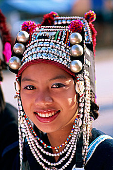 泰国,清莱,阿卡族,女孩,穿,传统,银