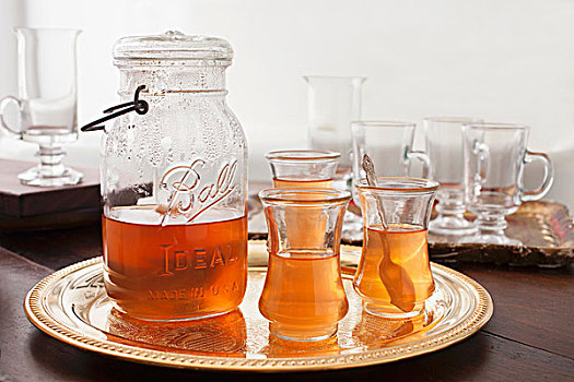 茶,玻璃罐,把手,玻璃茶杯,金色,托盘