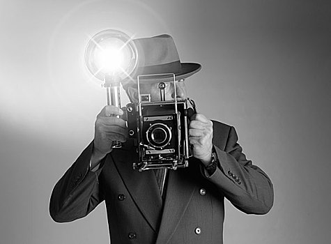 黑色,白色,拍摄,复古,40年代,戴着,费多拉帽,帽子,拿着,旧式,相机