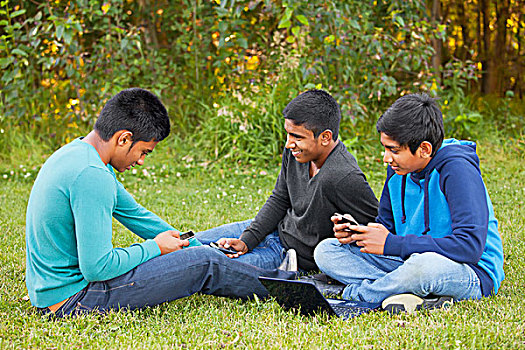 三个,兄弟,手机,发短信,公园,艾伯塔省,加拿大
