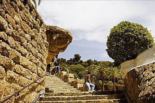 楼梯,石墙,奎尔公园,巴塞罗那,西班牙