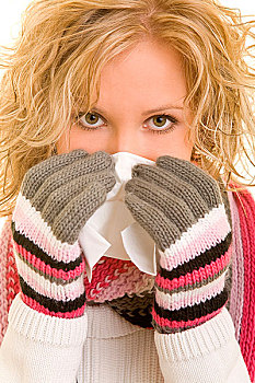 女人,手套,纸巾,感冒
