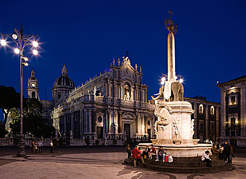 广场,中央教堂,喷泉,夜晚,大教堂,西西里,意大利,欧洲