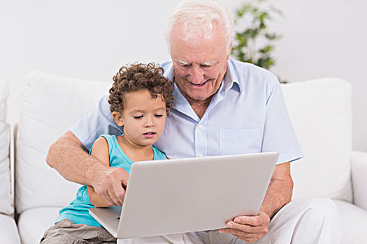 爷爷,孙子,看,笔记本电脑,显示屏,沙发