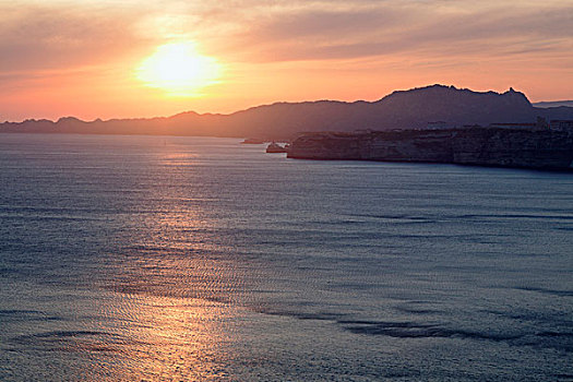 日落,上方,博尼法乔,海峡,科西嘉岛,法国,欧洲