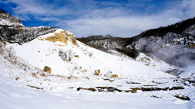 温泉,雪,山,蓝天,地狱谷