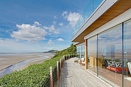 现代住宅,平台,远眺,海滩,边缘,苏格兰