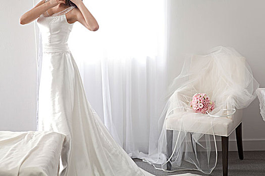 新娘,准备,薄纱,花束,椅子