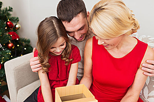 家庭,圣诞节,休假,高兴,人,概念,幸福之家,打开,礼盒