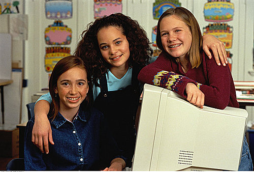 肖像,三个女孩,电脑,教室