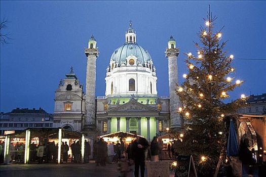 卡尔教堂,教堂,圣诞市场,夜晚,维也纳,奥地利,欧洲