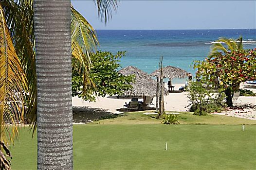 牙买加,海滩,折叠躺椅,遮阳伞