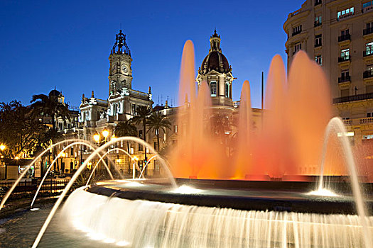 西班牙,瓦伦西亚,市政厅,喷泉,城市,钟表,钟楼