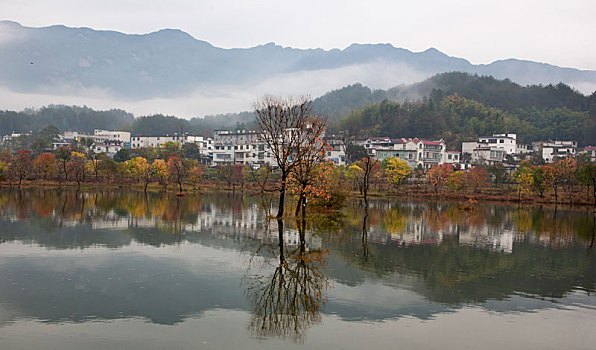 罗田天堂湖水上红叶